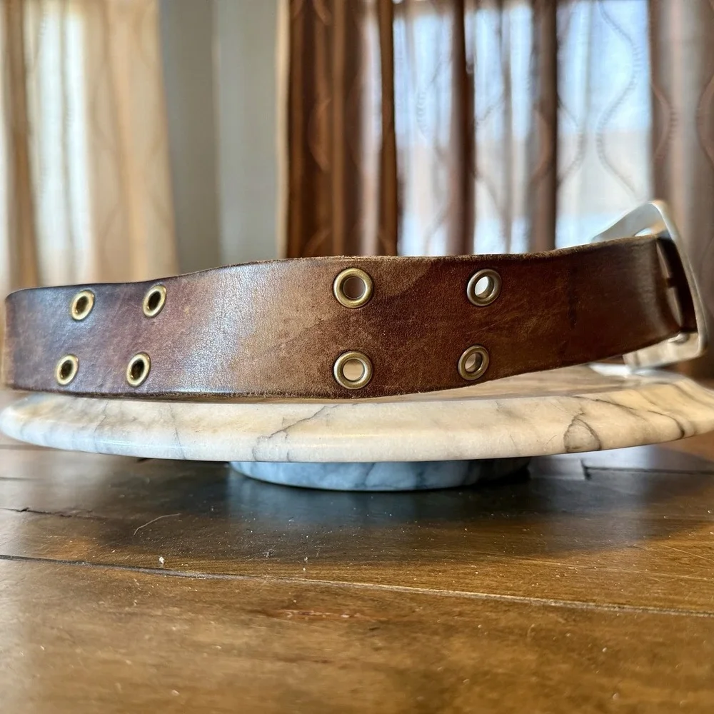 VTG 90s Y2K American Eagle Brown Leather Weathered Silver Grommet Belt Sz 34-40
